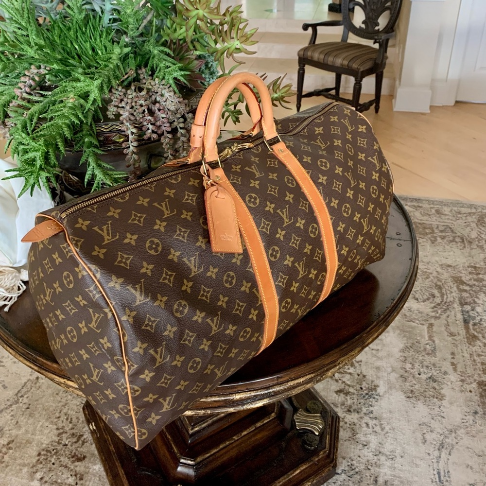 Louis Vuitton Brown Monogram Canvas Keepall Travel Bag with Tan Leather Trim